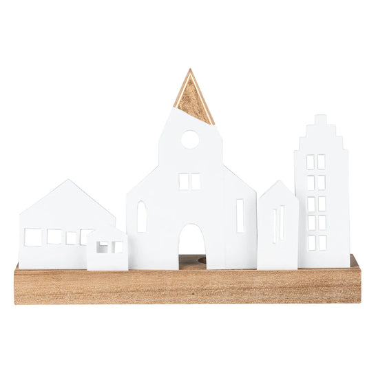 Porcelain & Wood Village With Chapel Tealight Holder Set - R90412