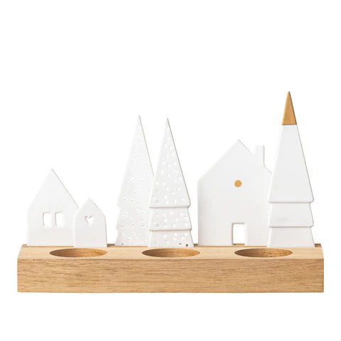 Porcelain & Wood Holiday Village Tealight Holder Set - R92526