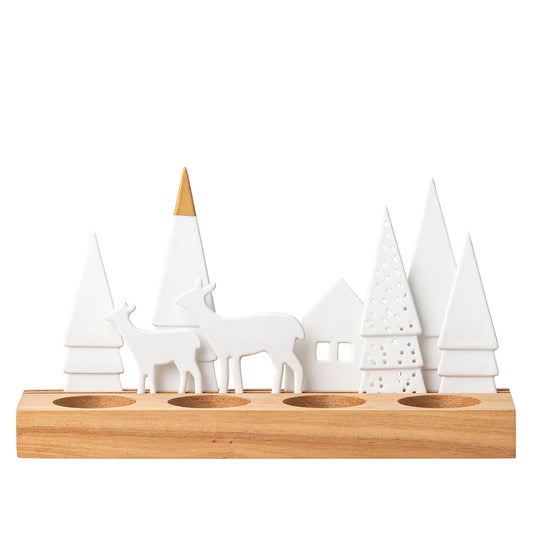 Porcelain & Wood Holiday Forest Tealight Holder Set - R92527