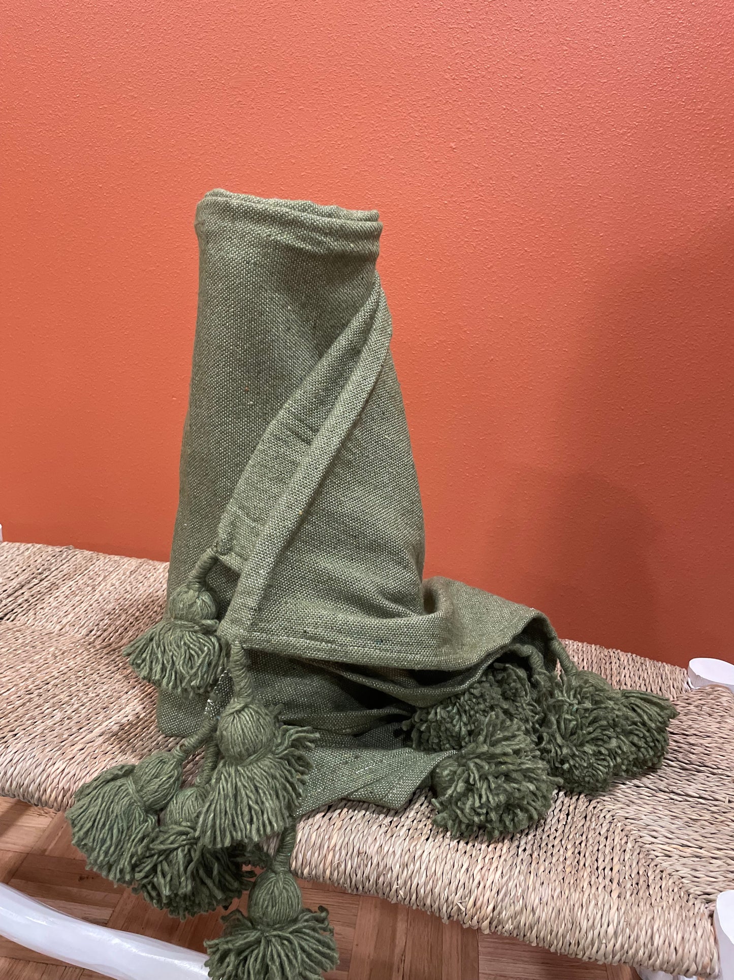 Hand Loomed Green Blanket Pompon