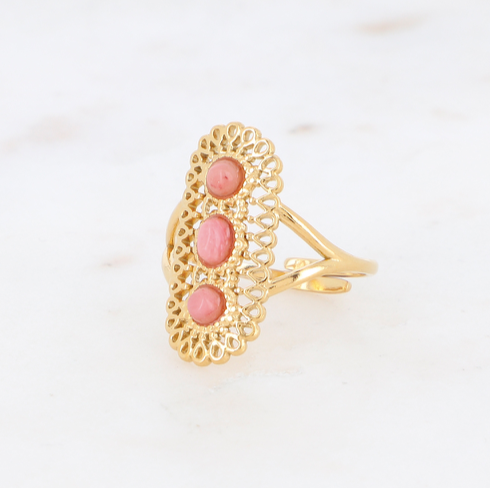 Amber Ring Rhodonite Pink Gold