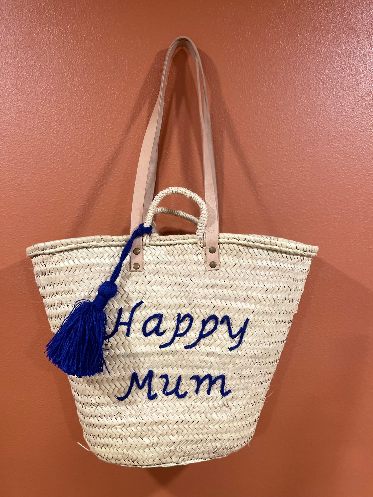 Moroccan Basket Bag "HAPPY MUM" Blue