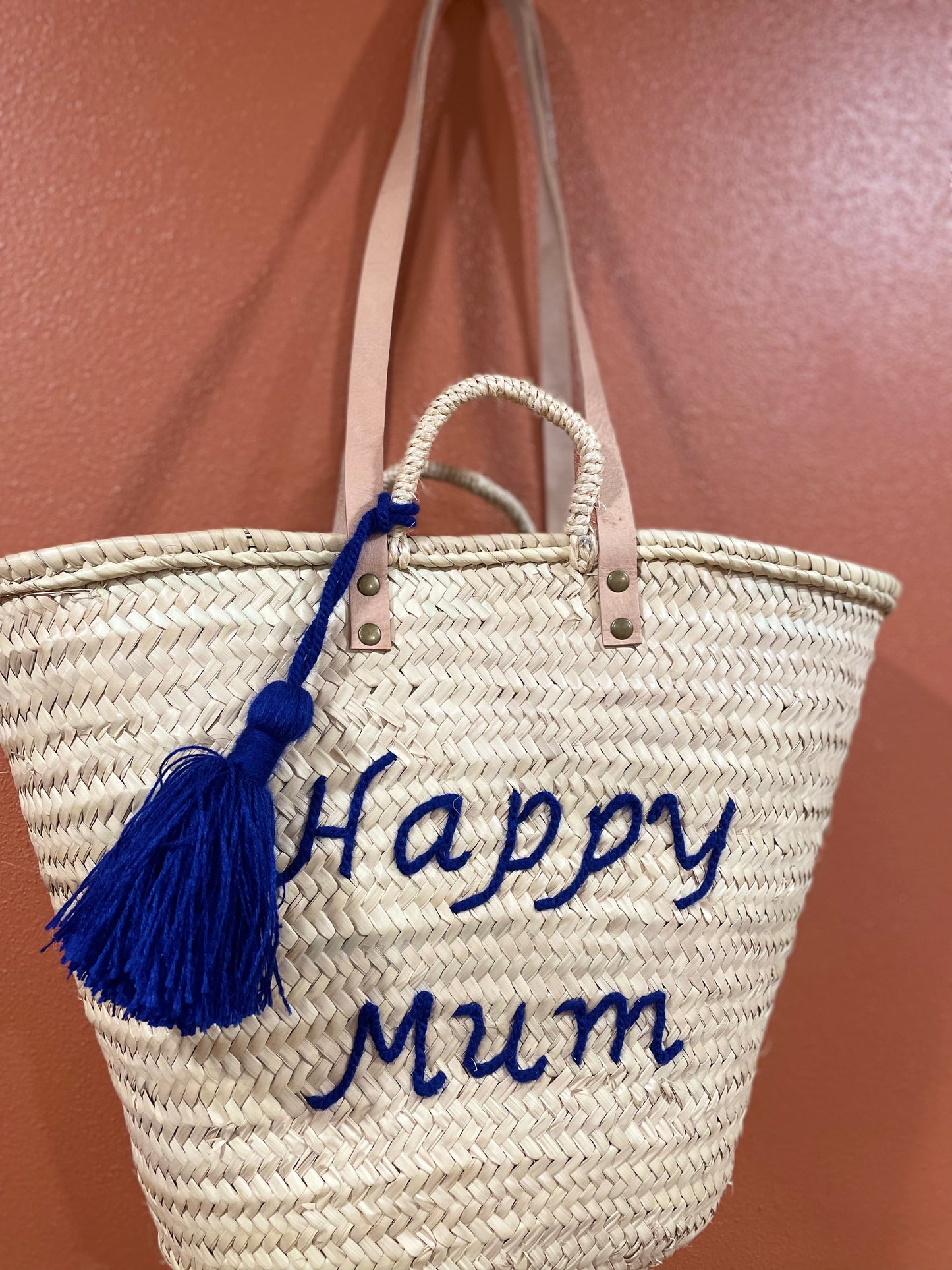 Moroccan Basket Bag "HAPPY MUM" Blue