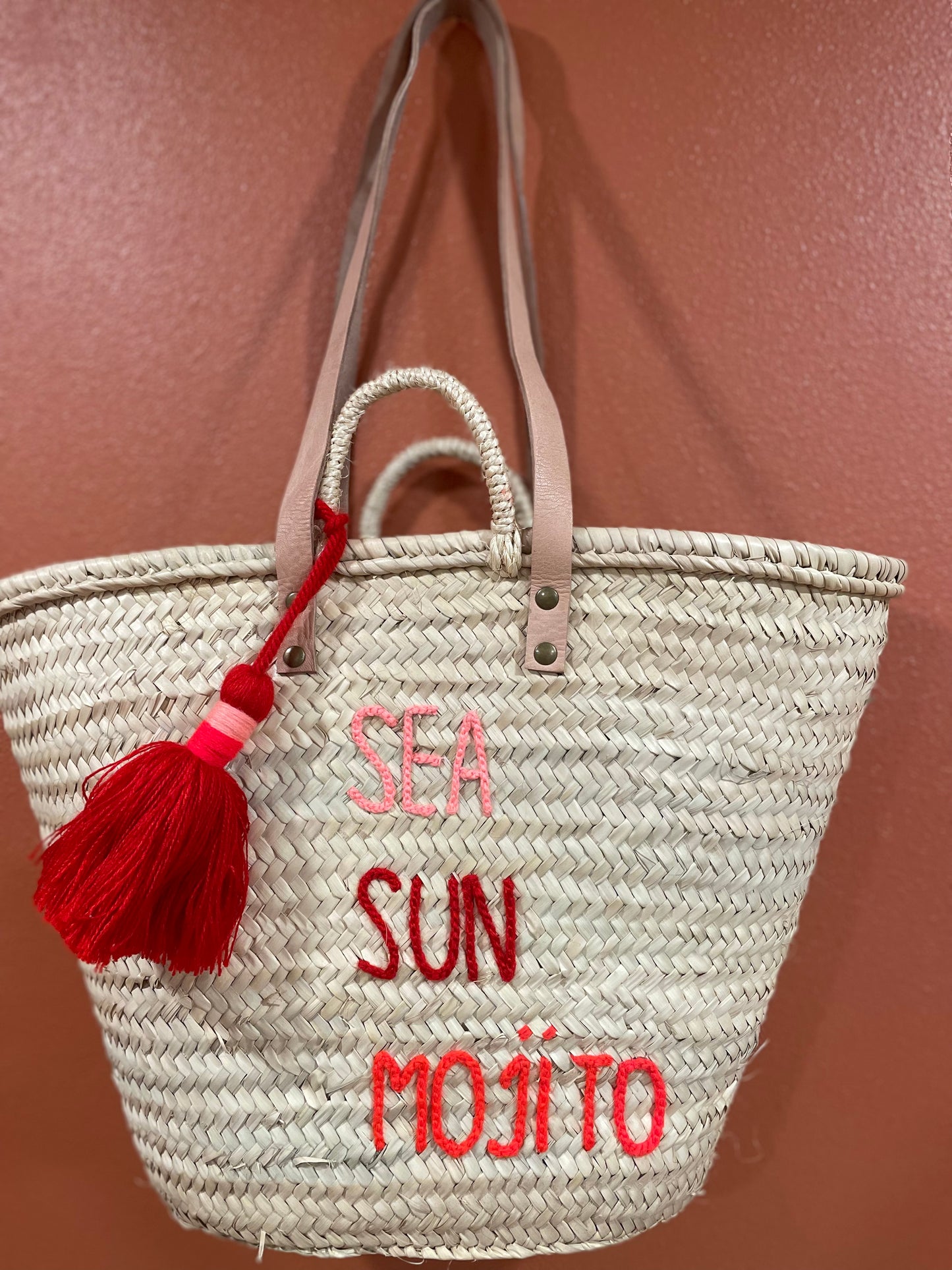 Moroccan Basket Bag "SEA, SUN, MOJITO" Corail