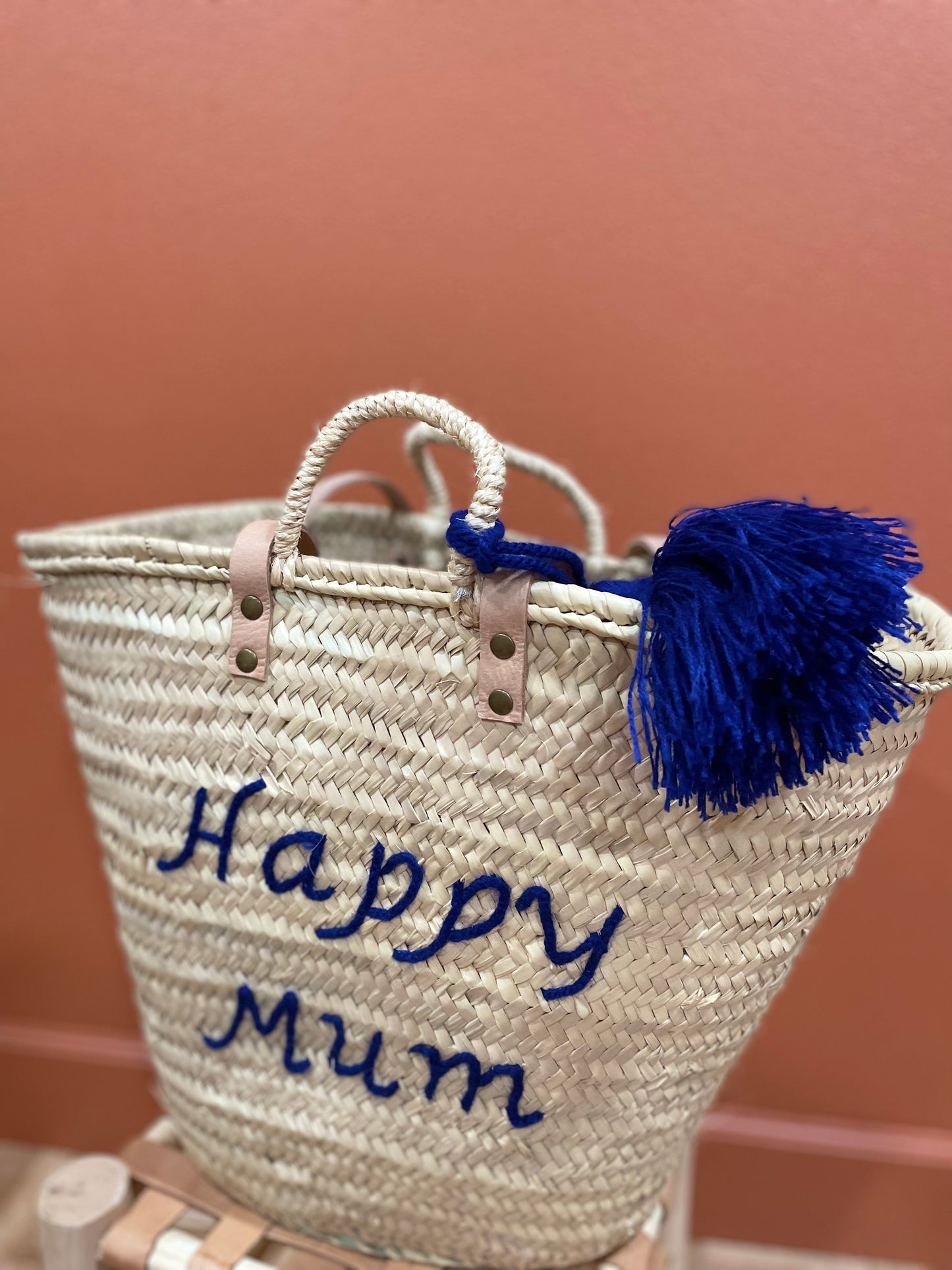 Moroccan Basket Bag "HAPPY MUM" Blue